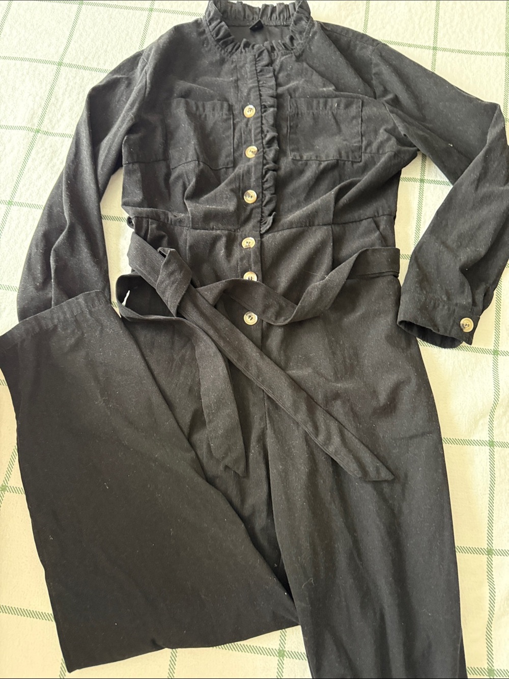 SHEIN Black Long-Sleeve Button Front Jumpsuit with Self Tie Belt